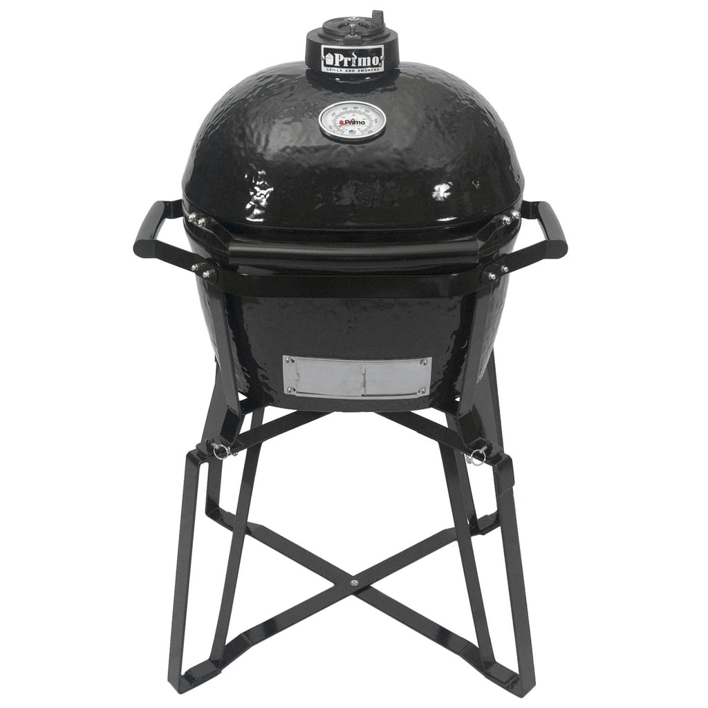 Charcoal ceramic kamado grill with lid and black metal stand, front control plate