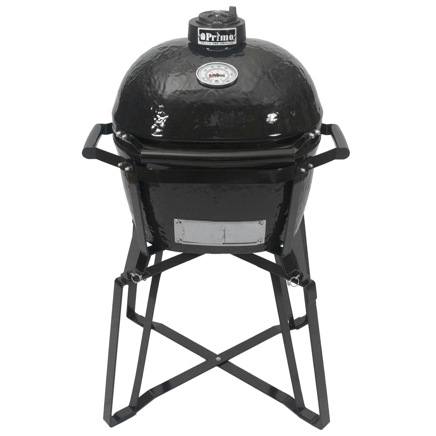 Charcoal ceramic kamado grill with lid and black metal stand, front control plate