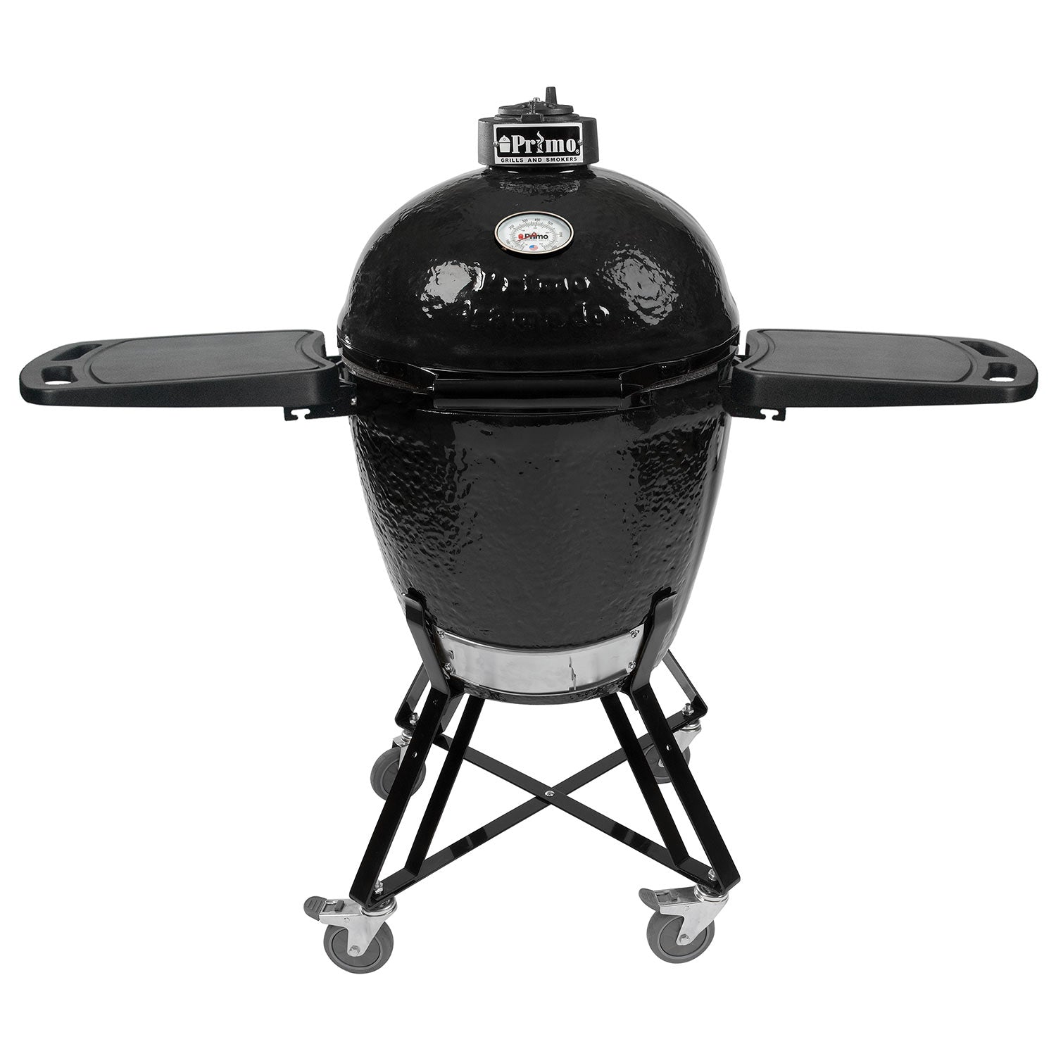 Charcoal ceramic kamado grill on wheeled stand with side shelves