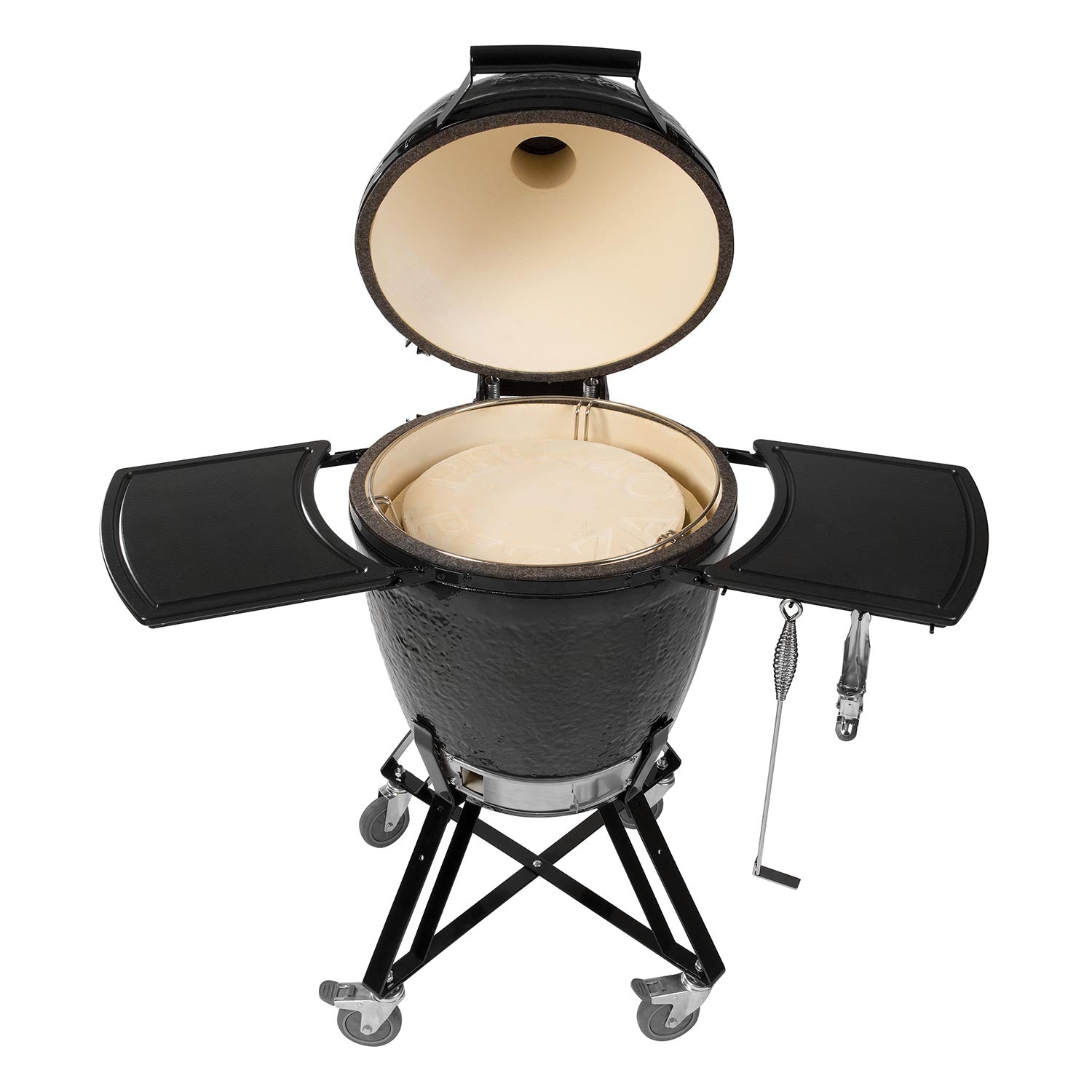 Charcoal ceramic kamado grill with open lid and side shelves