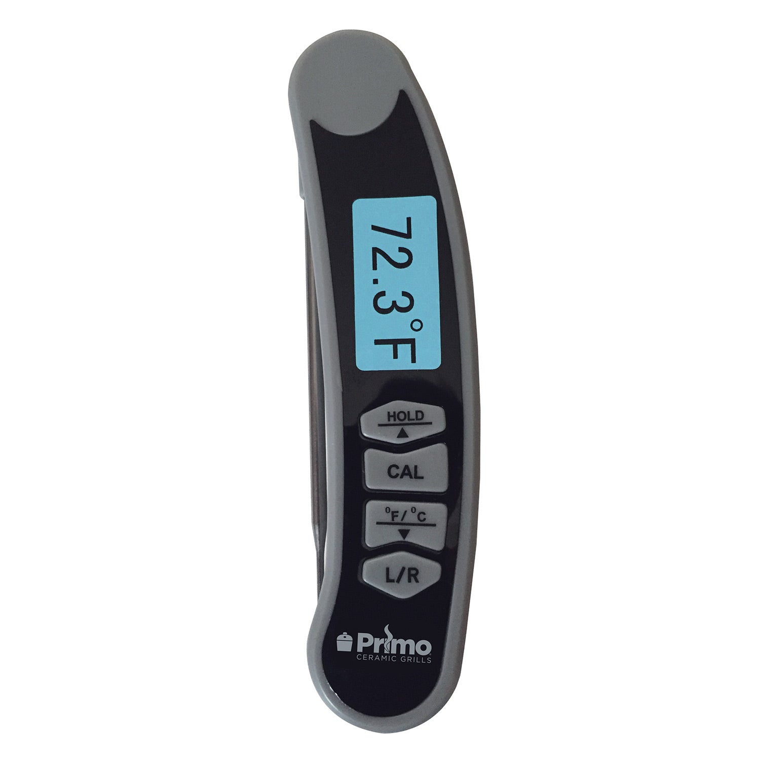Instant read thermometer with dark body, blue screen showing 12.3°F and buttons