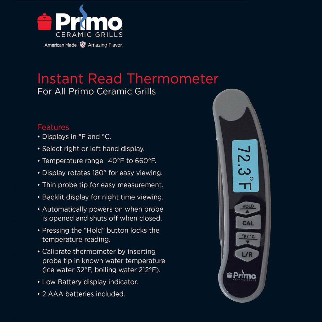 Primo instant read thermometer on card, blue 12.3°F display with HOLD and CAL