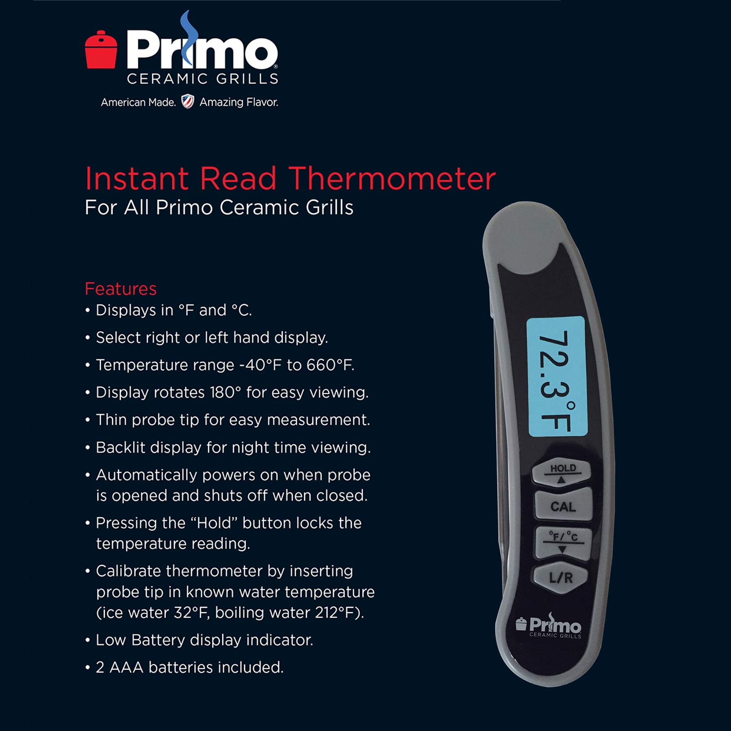 Primo instant read thermometer on card, blue 12.3°F display with HOLD and CAL