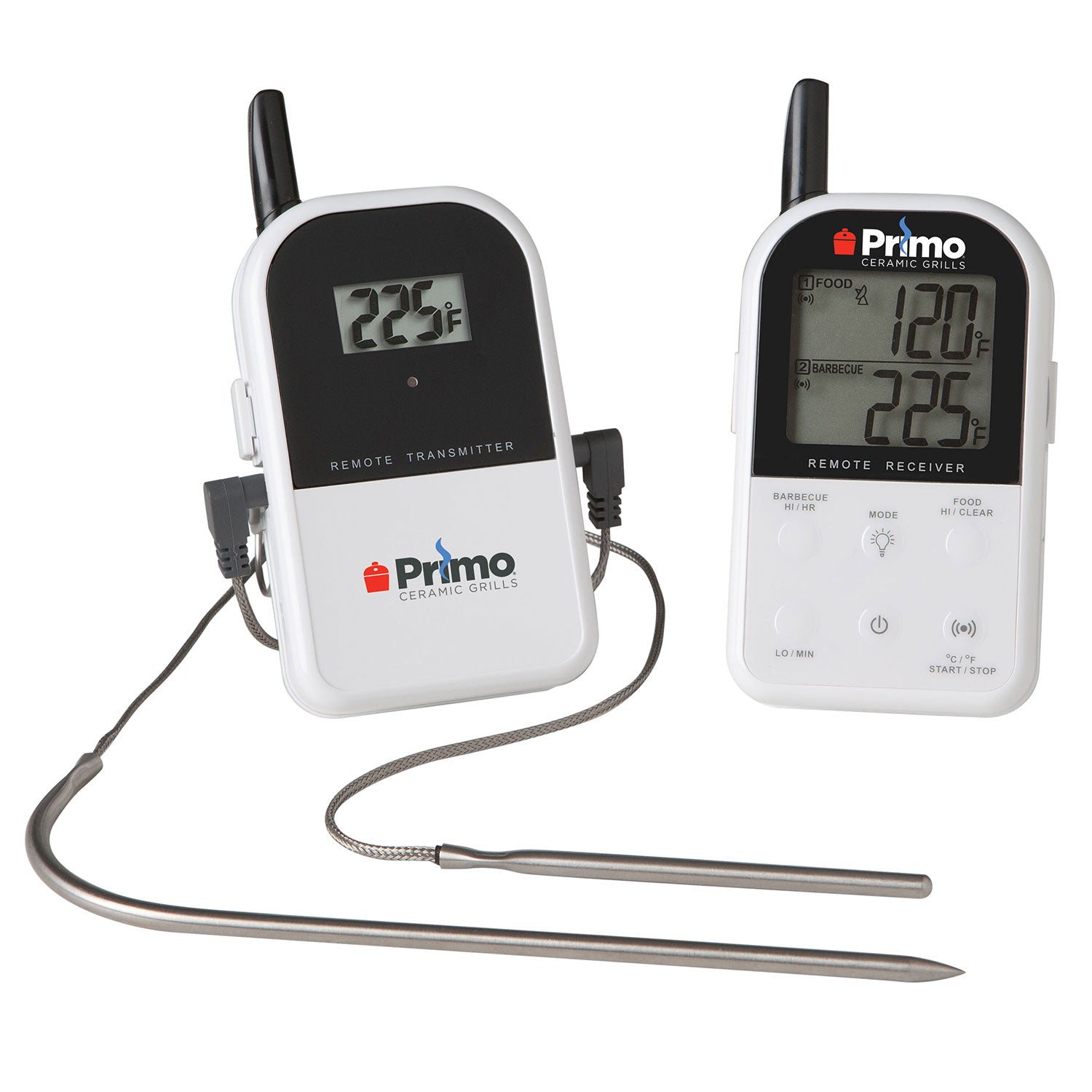 Dual probe wireless thermometer with remote transmitter and receiver displays; includes probes