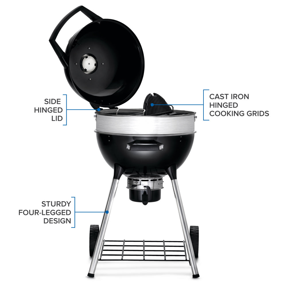 Charcoal kettle grill with side-hinged lid and cast iron cooking grids