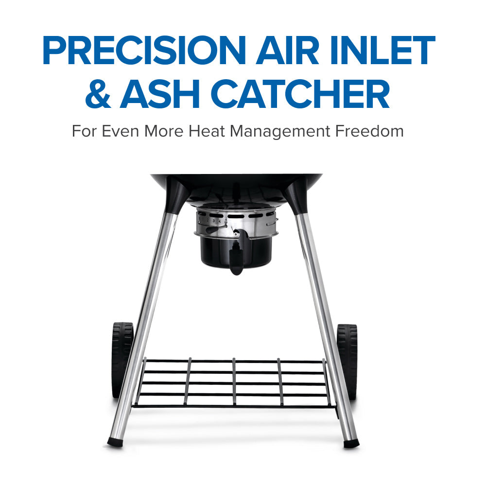 Charcoal kettle grill with ash catcher and precision air inlet control