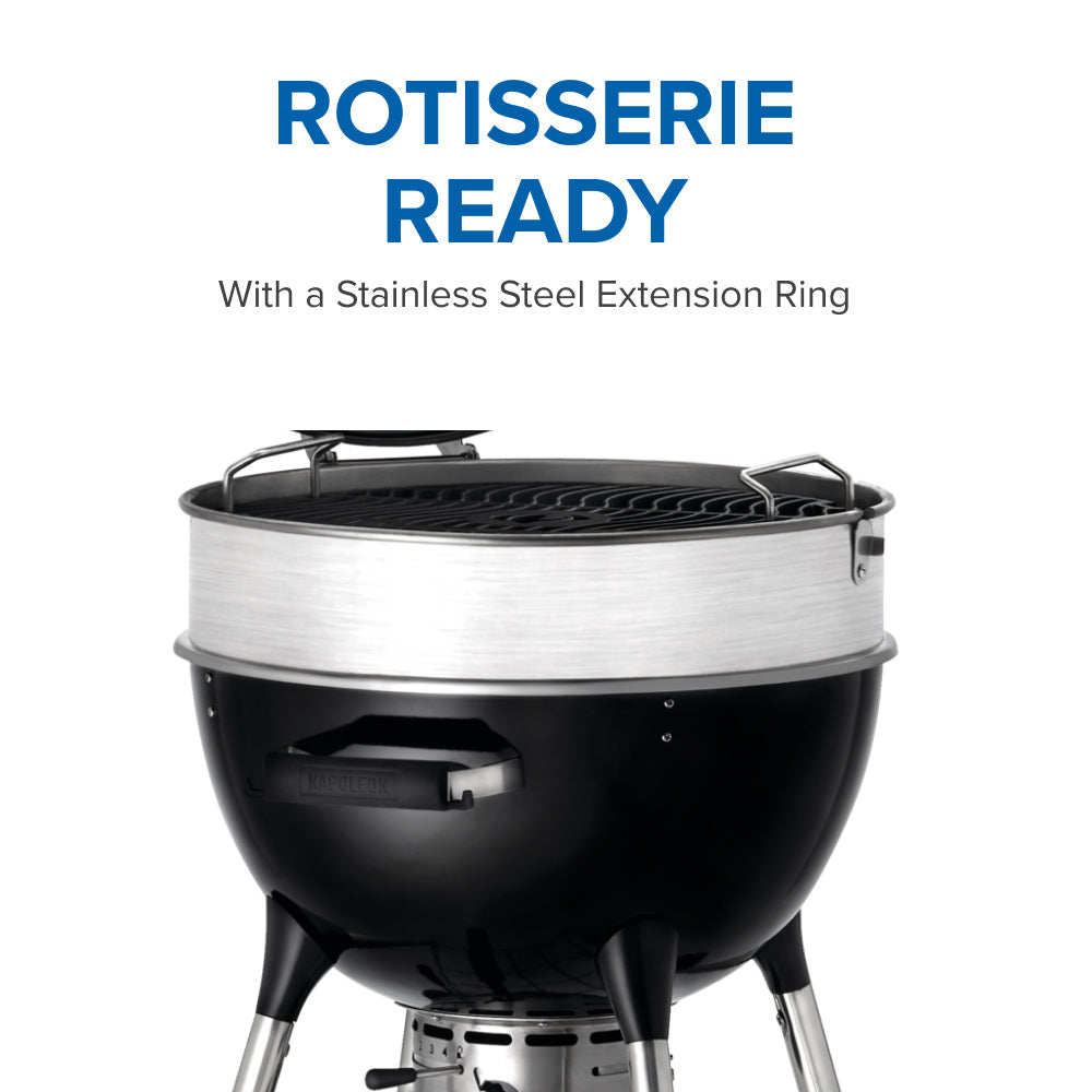 Charcoal kettle grill with stainless steel extension ring on the cooking bowl