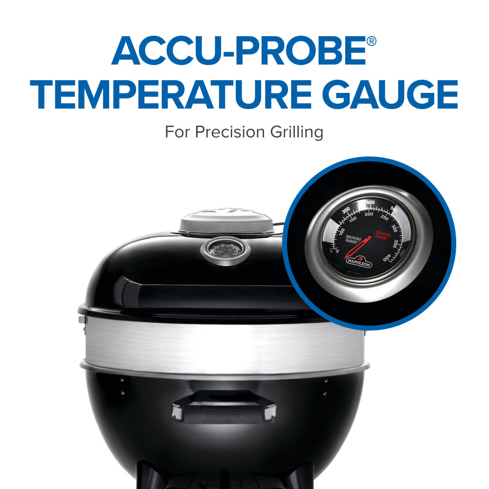 Charcoal kettle grill with Accu-Probe temperature gauge on the lid