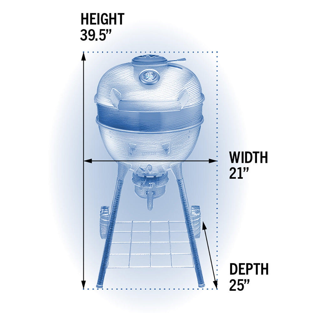 Charcoal kettle grill size diagram: 39.5 in H, 21 in W, 25 in D