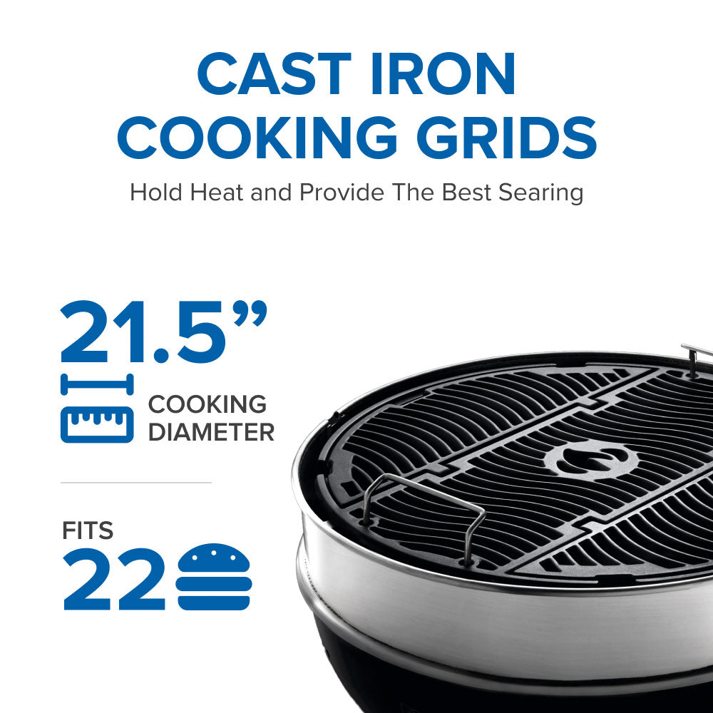 Cast iron cooking grids for a kettle grill, black ridged grate