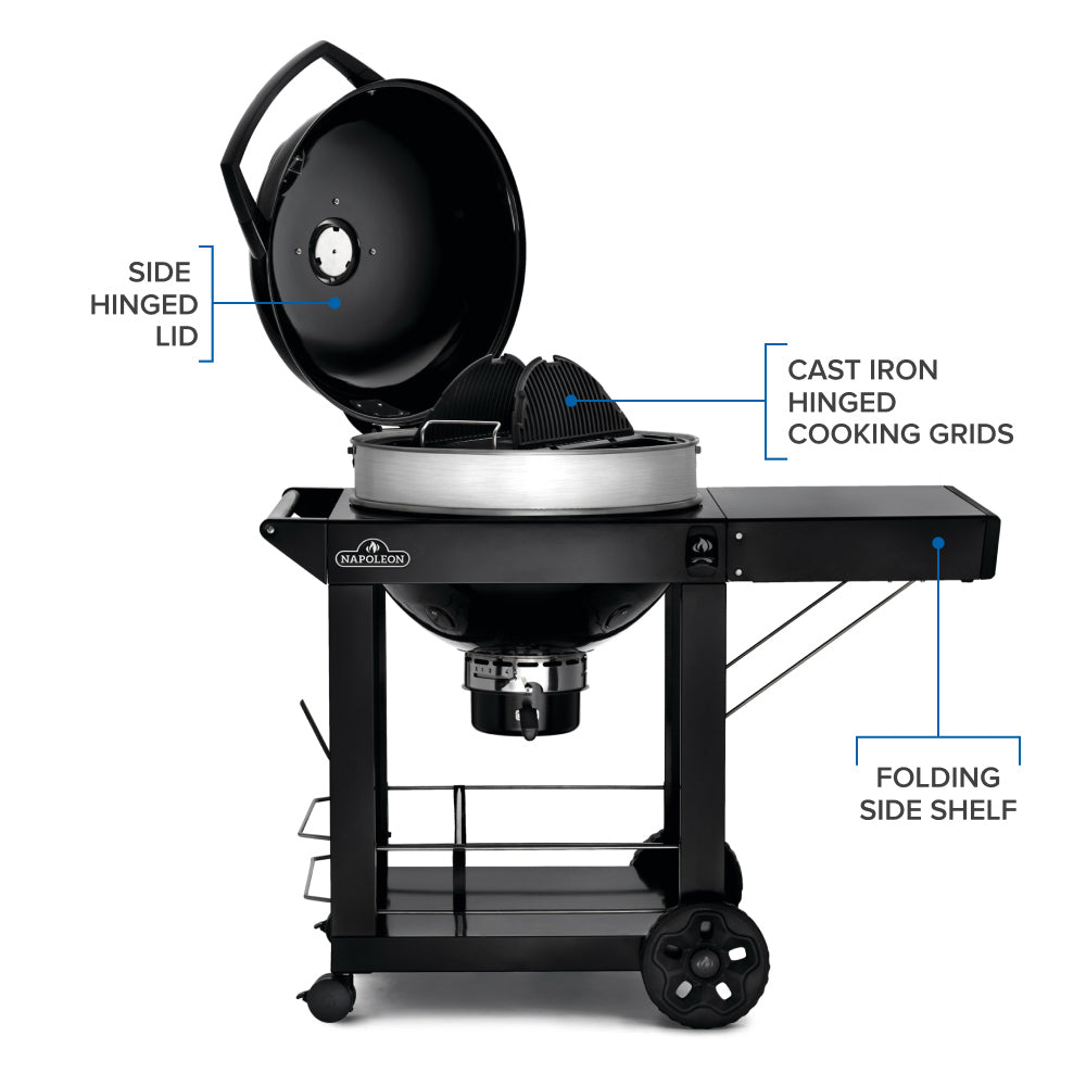 Charcoal kettle grill with side hinged lid open, cast iron grids and folding side shelf
