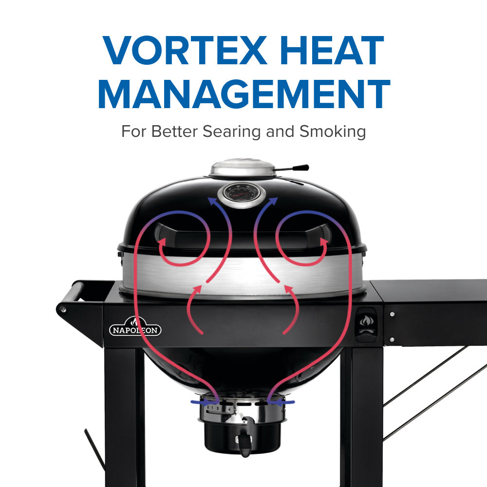 Charcoal kettle grill lid with airflow vents shown by red arrows