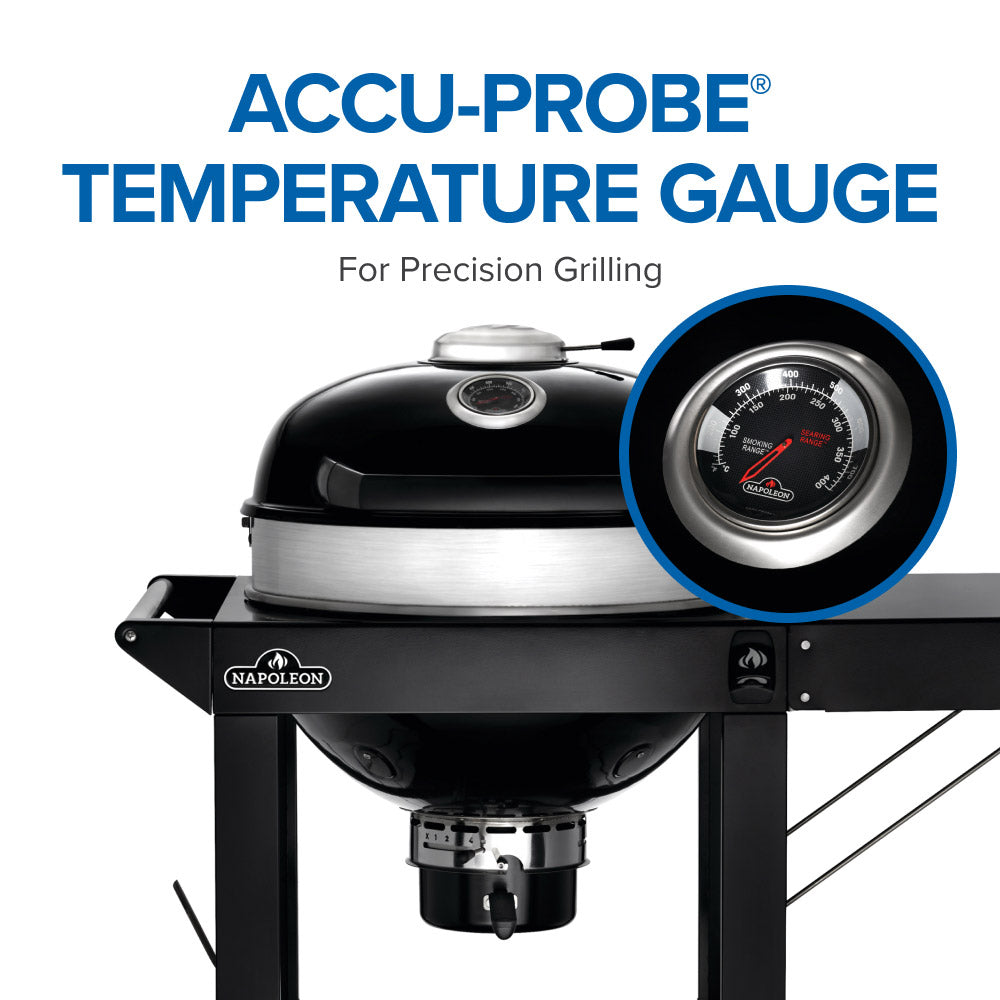 Charcoal kettle grill with Accu-Probe temperature gauge on the lid