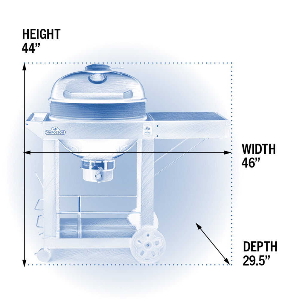 Charcoal kettle grill dimensions: height 44 in, width 46 in, depth 29.5 in