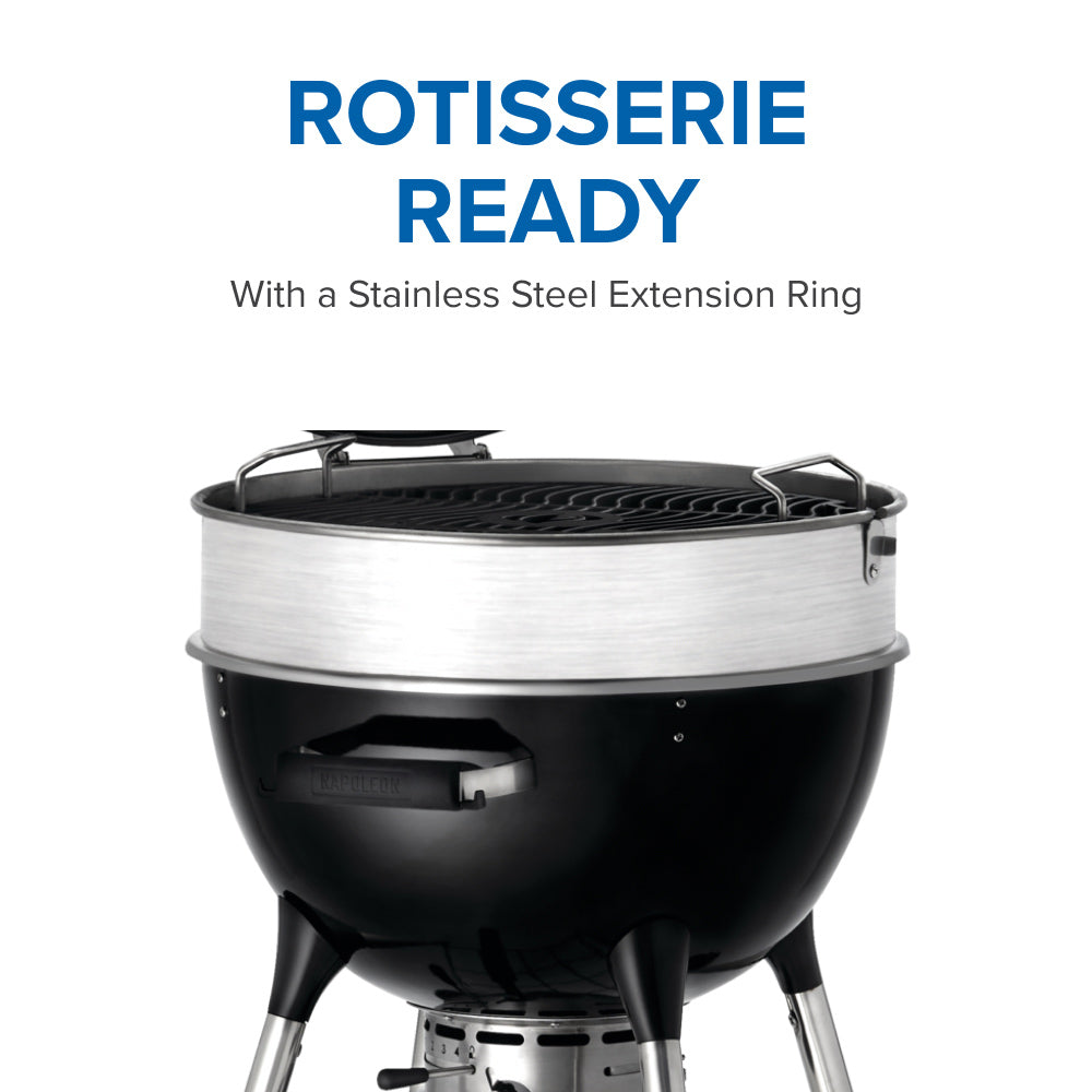Black kettle grill with stainless steel extension ring on the cooking rim