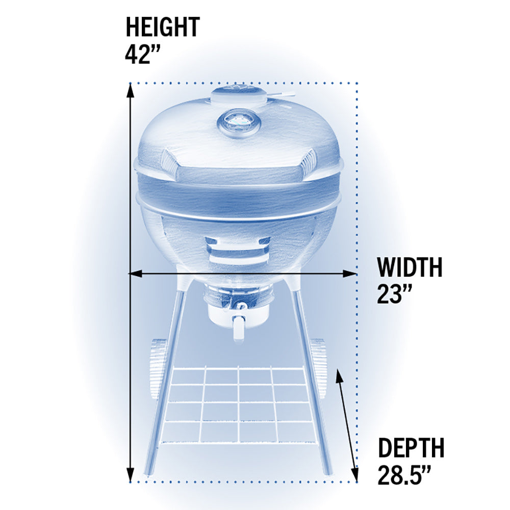 Black charcoal kettle grill with domed lid and tripod stand, shown with size diagram