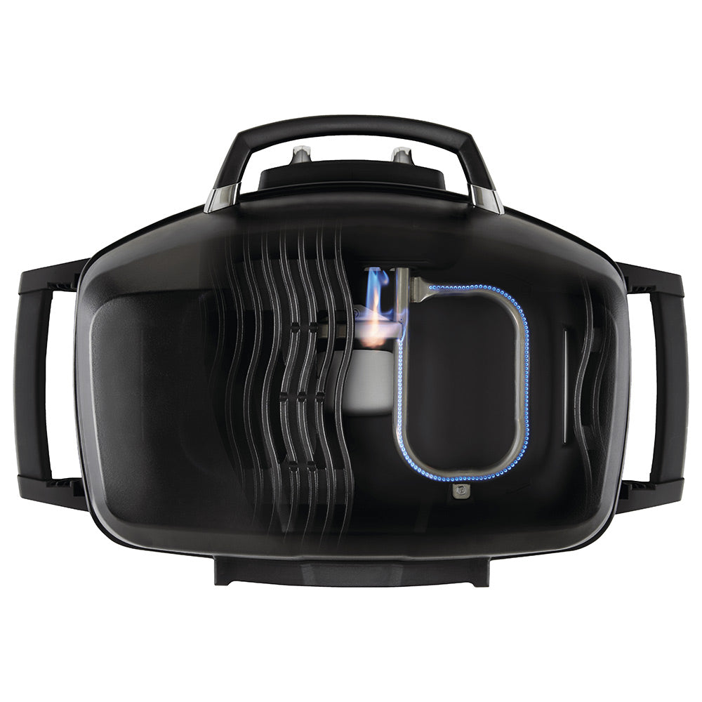 Portable tabletop gas grill with lid open, visible burner flame inside, front view.