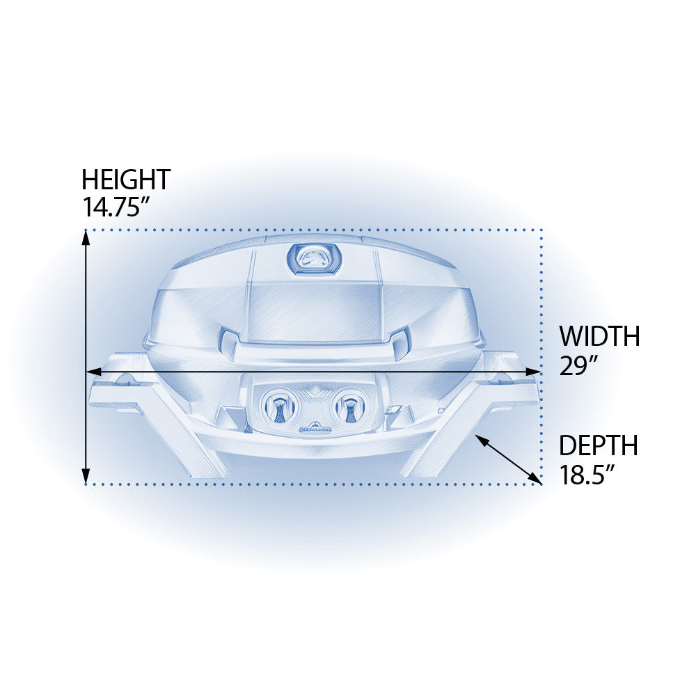 Portable tabletop gas grill size diagram showing height, width, and depth.