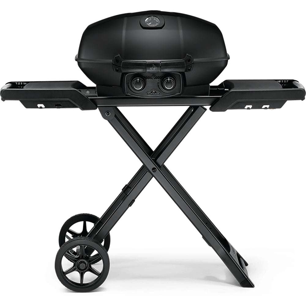 Black portable propane grill on scissor cart with lid and two control knobs