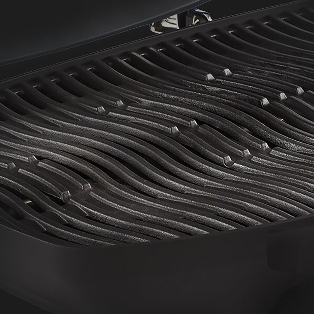 Black ridged cooking grate inside the grill hood