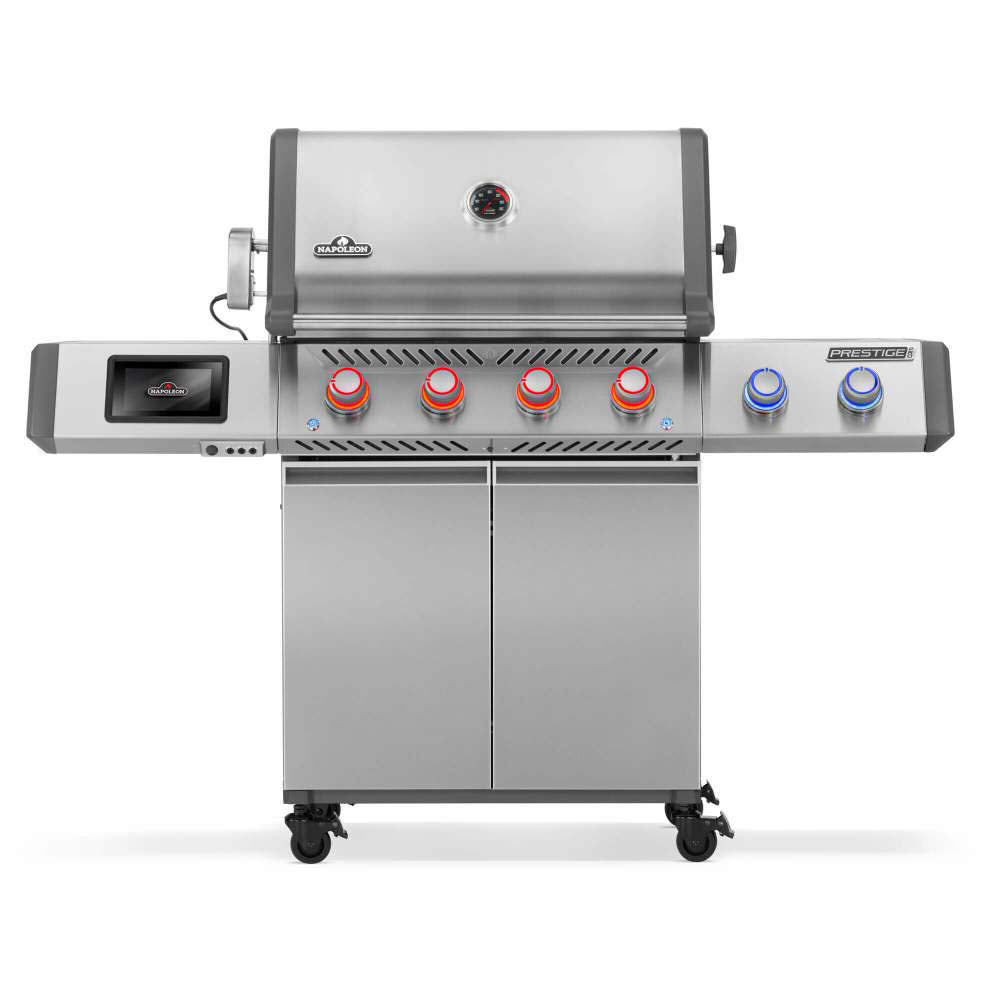 Stainless steel gas grill with side shelves, control knobs, and lid-mounted thermometer