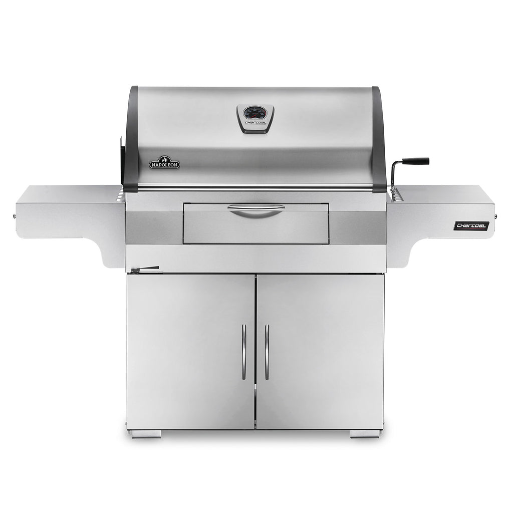 Charcoal grill on cart with stainless hood, side handles, and front control drawer