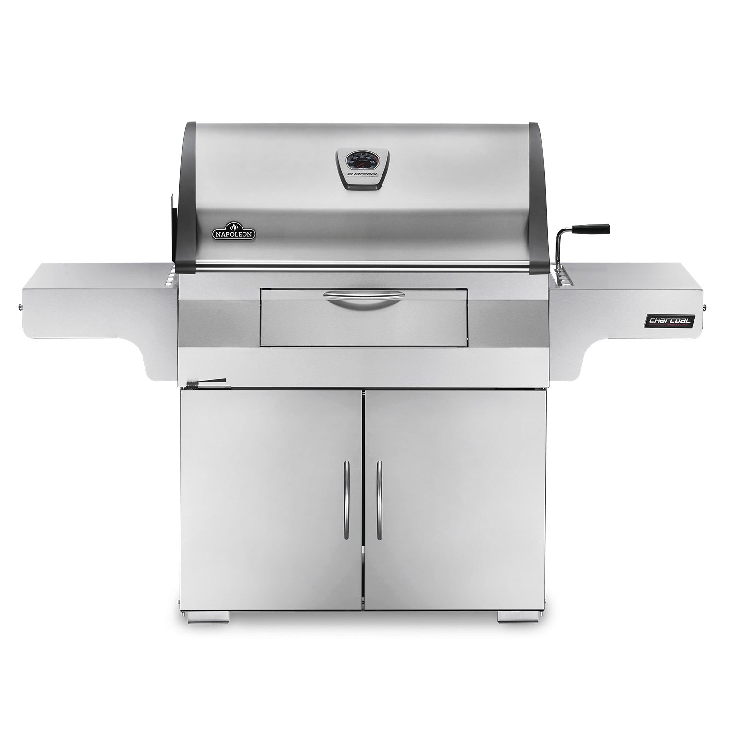 Charcoal grill on cart with stainless hood, side handles, and front control drawer