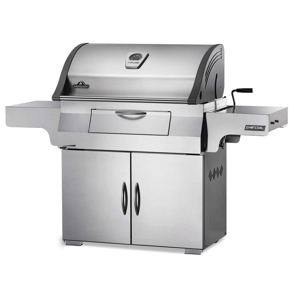 Charcoal grill on cart with domed hood, front drawer, and right-side control panel