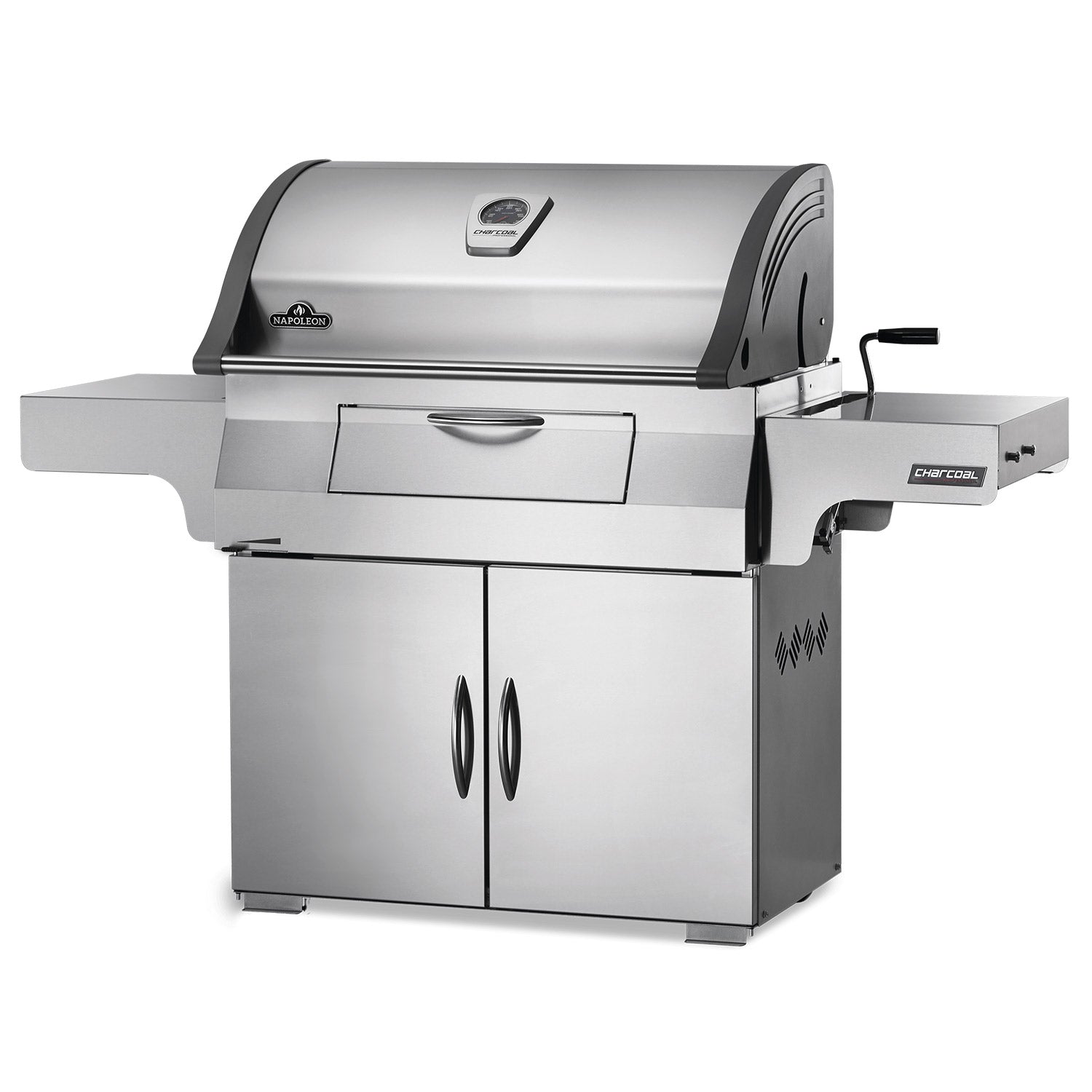 Charcoal grill on cart with domed hood, front drawer, and right-side control panel