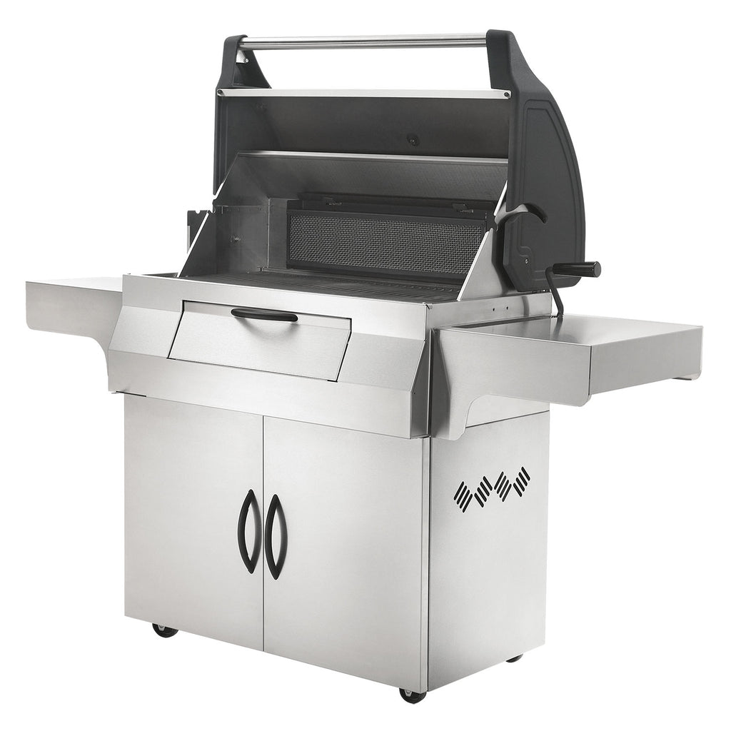 Charcoal grill on cart with open lid, exposed cooking grate, and front storage cabinet