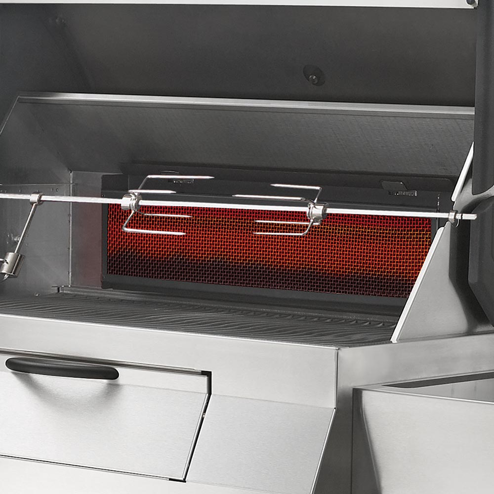 Charcoal grill interior with warming rack and red firebox grate