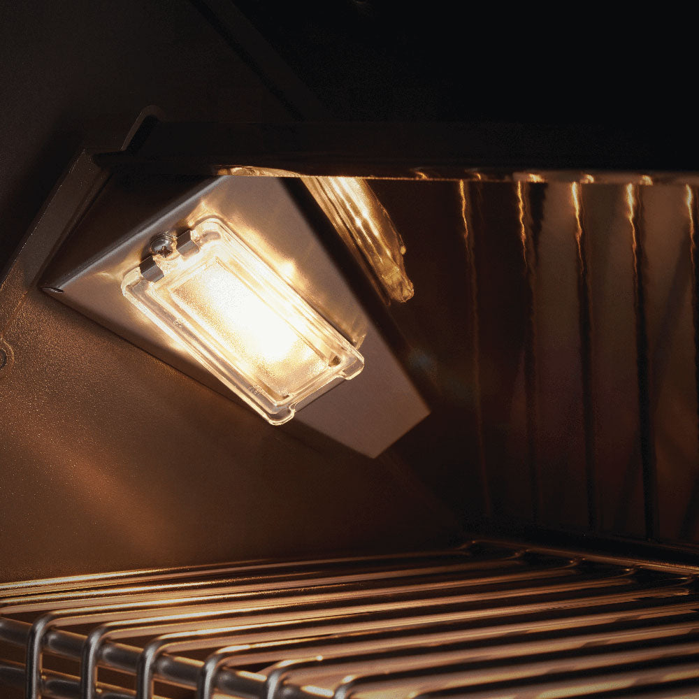 Rotisserie burner area with glowing infrared elements and reflected interior light