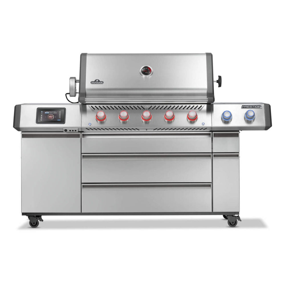 Stainless steel gas grill with control panel and rows of burner knobs