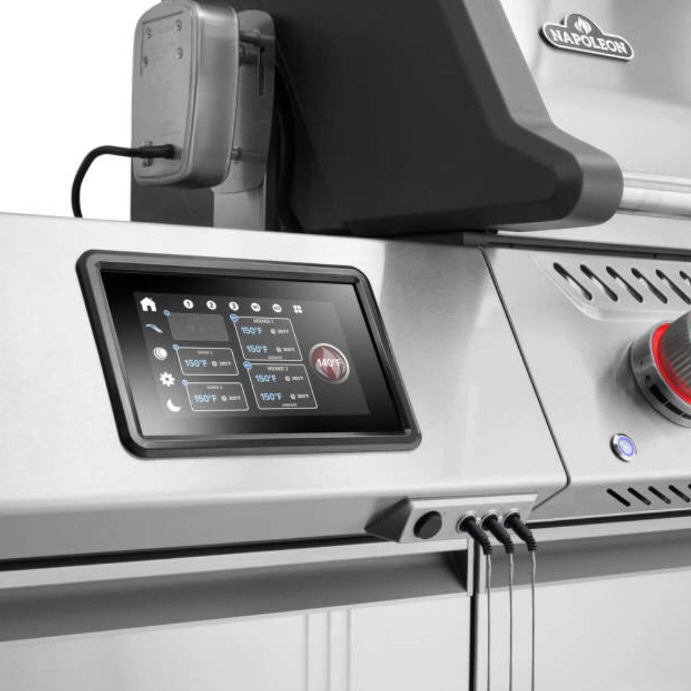 Gas grill with touchscreen control panel and control knobs on stainless front