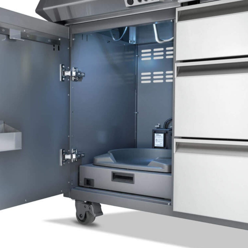 Open side compartment in stainless gas grill with built-in shelf and latch