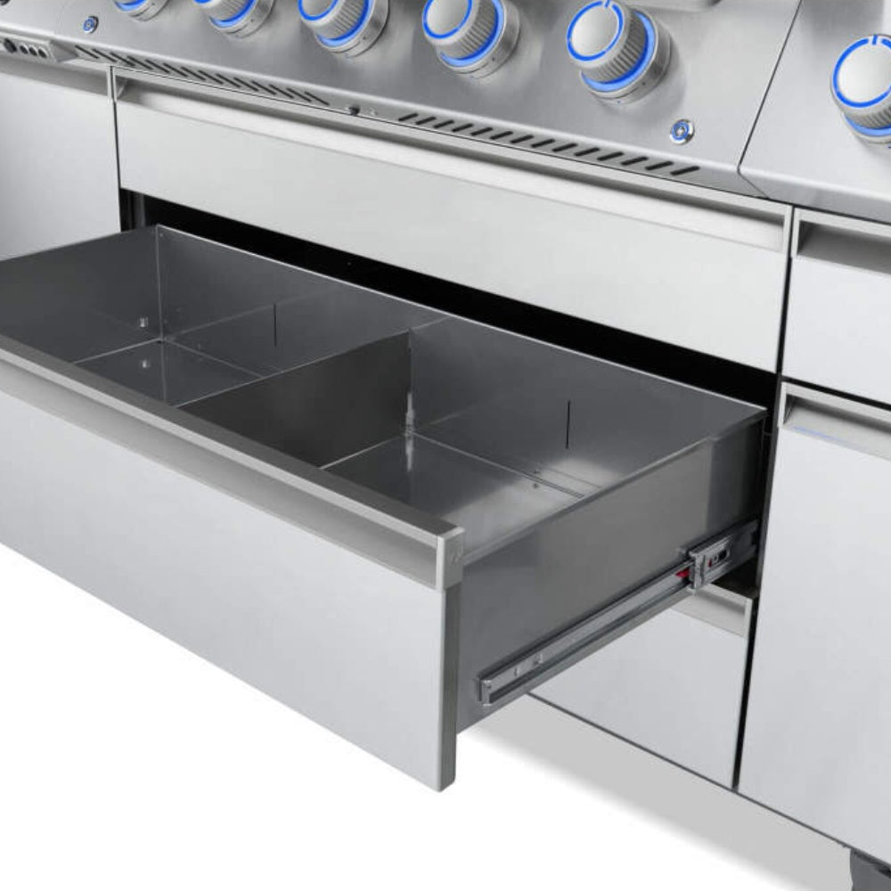 Pull-out stainless storage drawer beneath the grill with inner compartments