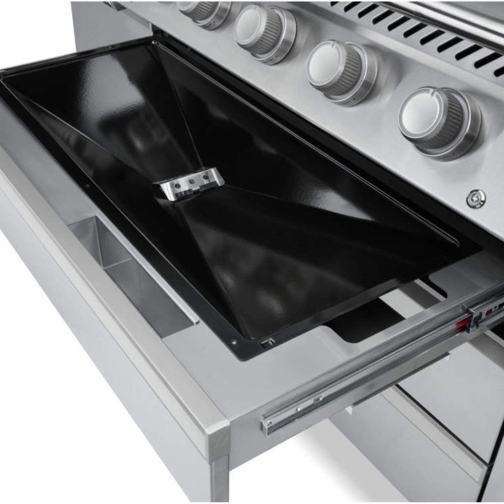 Open grease tray drawer with metal liner inside stainless gas grill