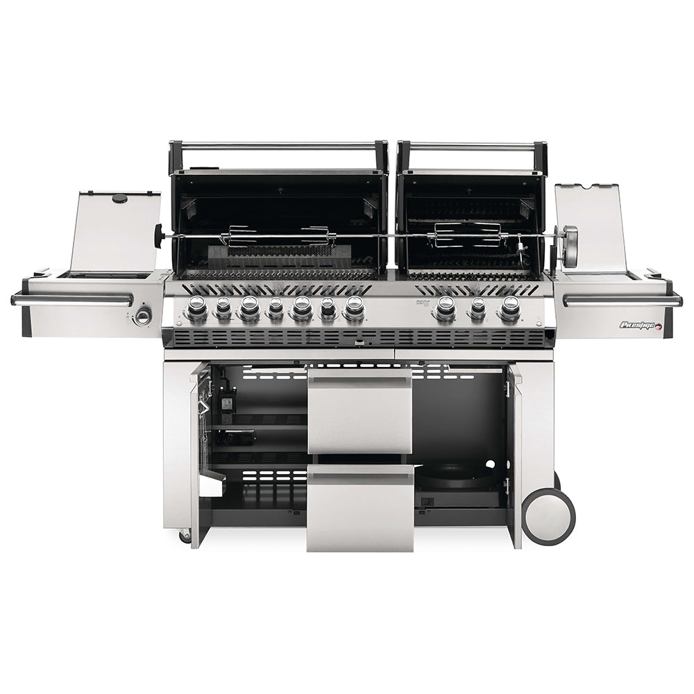 Gas grill with hood open, visible cooking grates and front storage doors