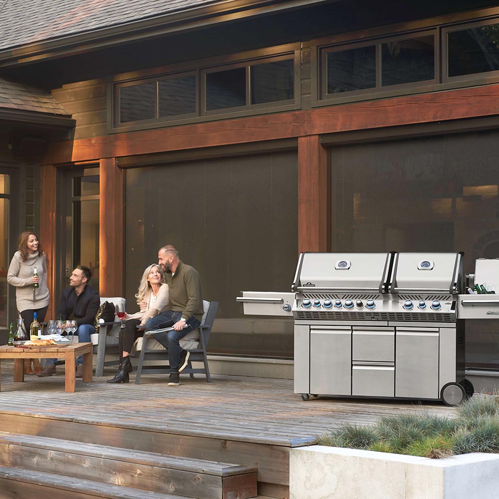 Gas grill on cart on a patio with closed stainless hood and front doors