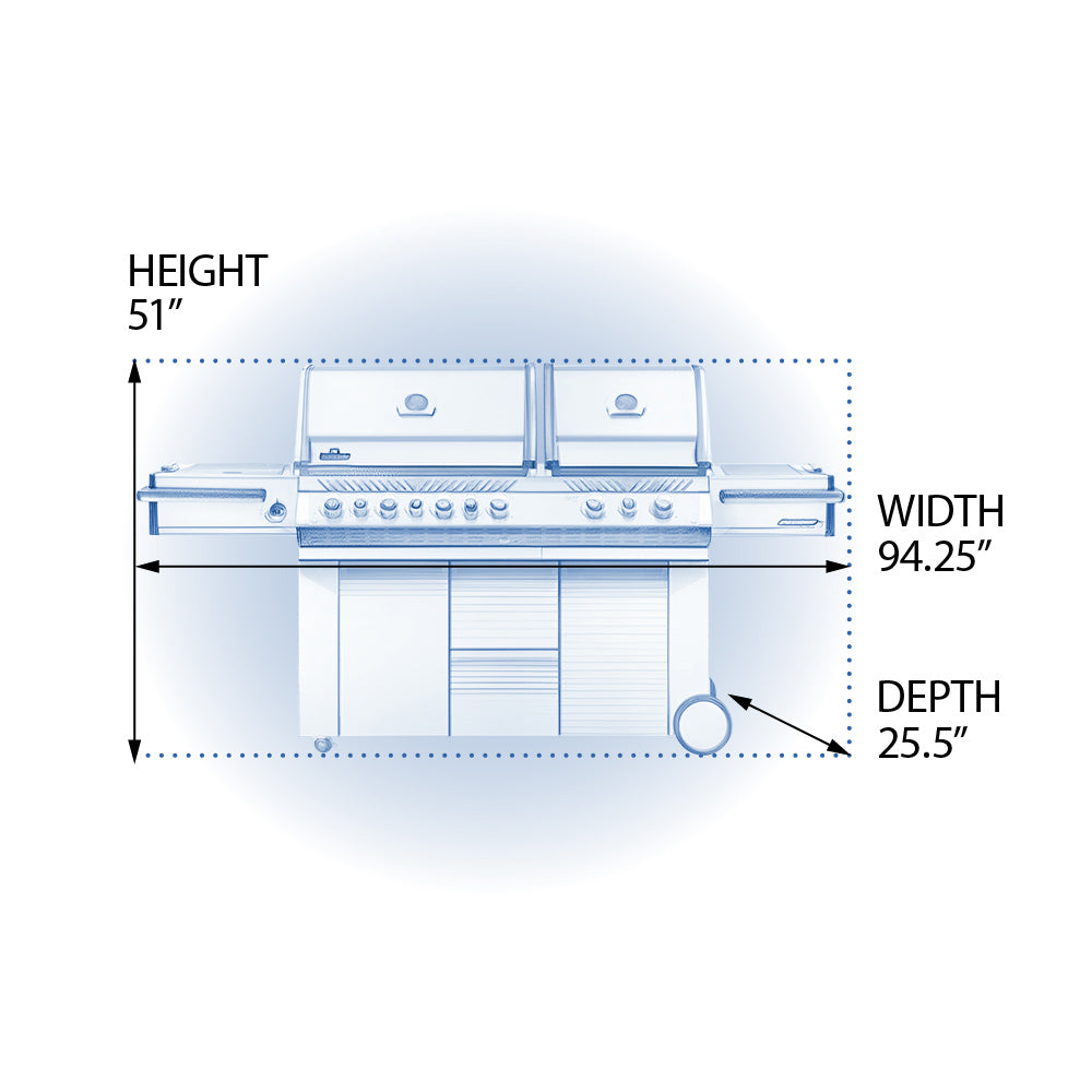 Gas grill size diagram: height 51in, width 94.25in, depth 25.5in