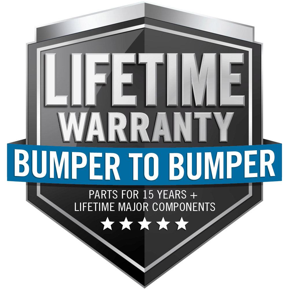 Liftetime warranty badge: bumper to bumper parts for 15 years+; lifetime major components