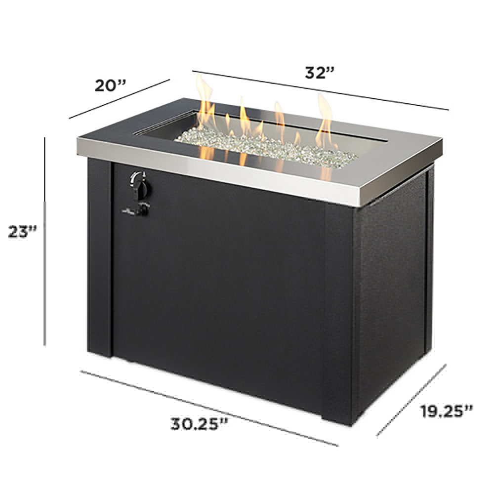 Black fire pit table with stainless steel top, flames, and burner opening