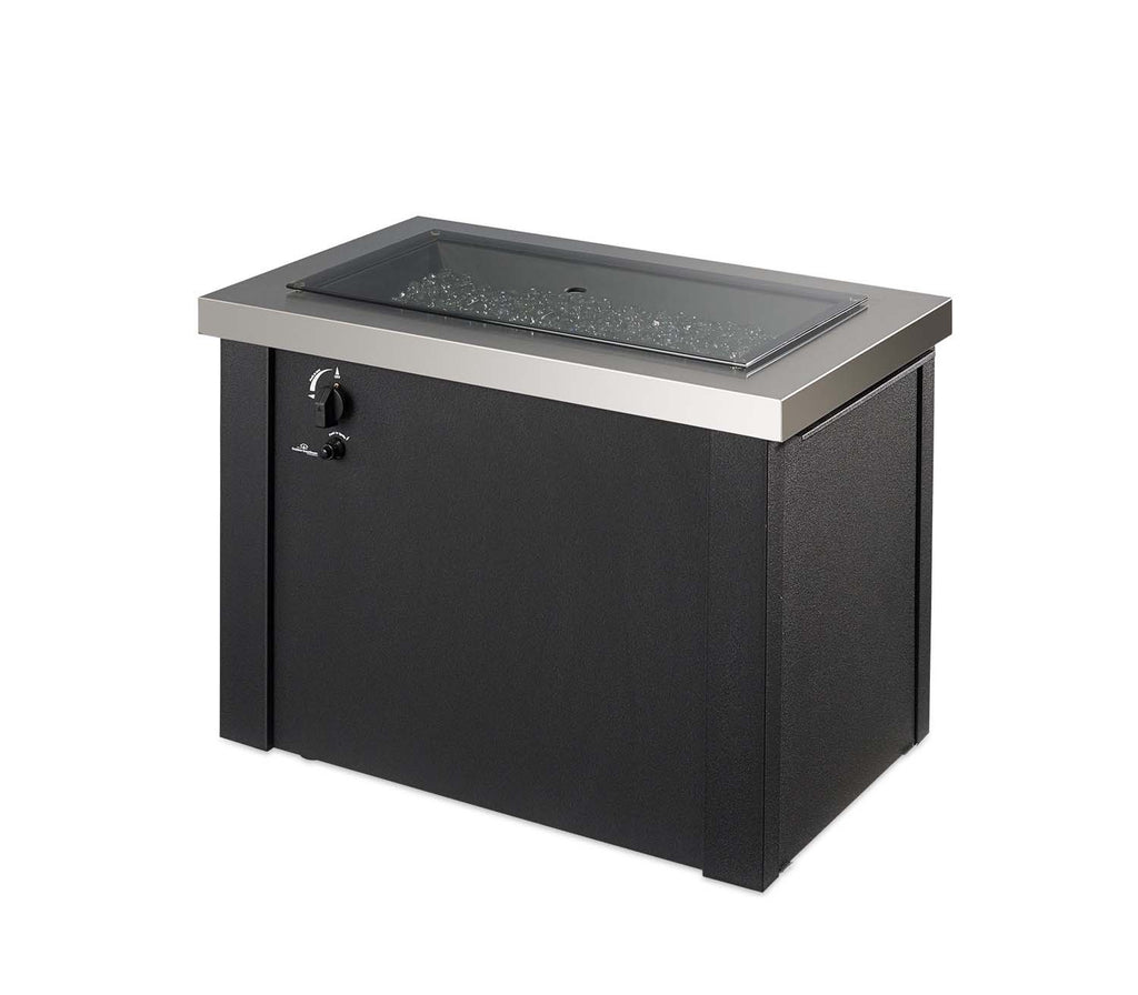 Black gas fire pit table with stainless steel top and glowing fire bed
