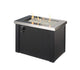 Black gas fire pit table with stainless steel top and visible flames