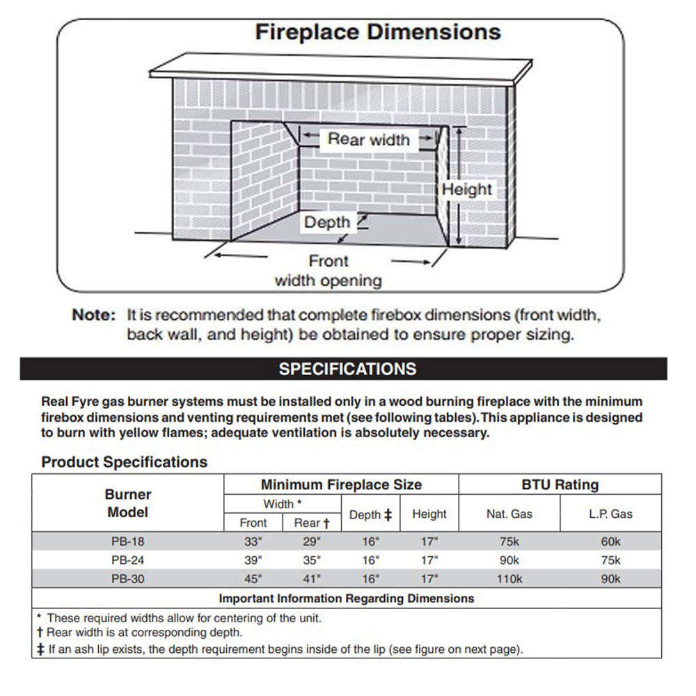 Fireplace dimensions diagram with front width opening, depth, and height labels