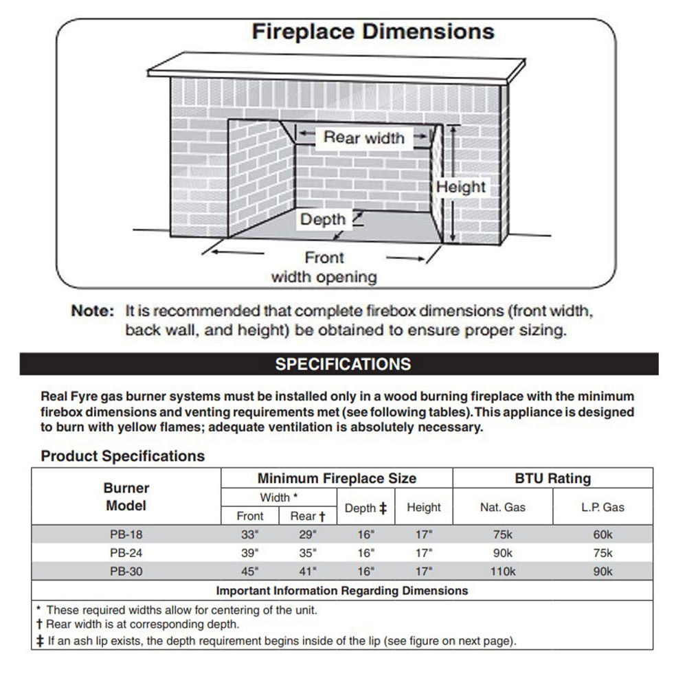 Fireplace dimensions chart and burner system BTU specifications