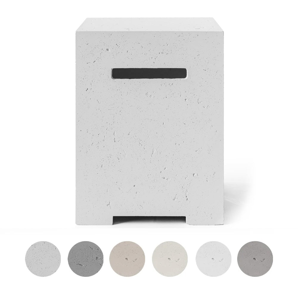Concrete propane tank cover with dark horizontal opening, light speckled finish.