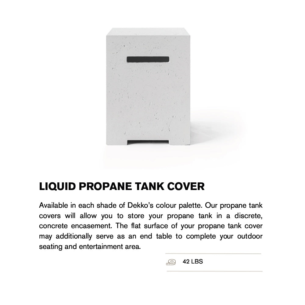 Light speckled concrete propane tank cover with dark handle cutout and bottom vent opening.