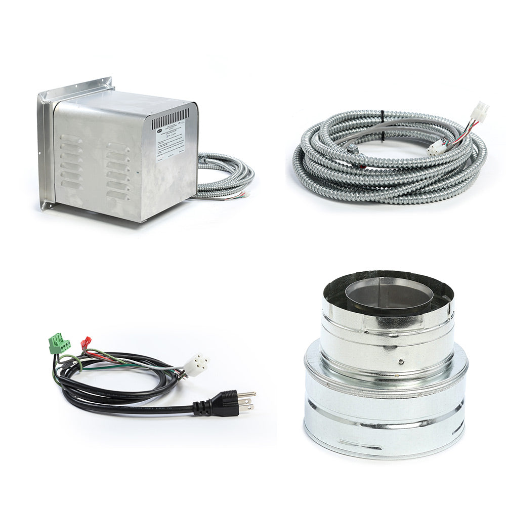 Power vent starter kit with silver control module, wiring harness, and rigid vent pipe