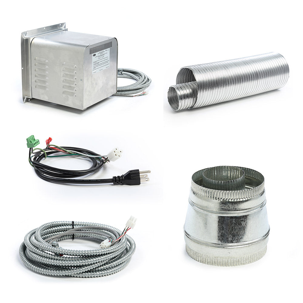Power vent starter kit with metal control box, flexible vent pipe, wiring harness, adapters